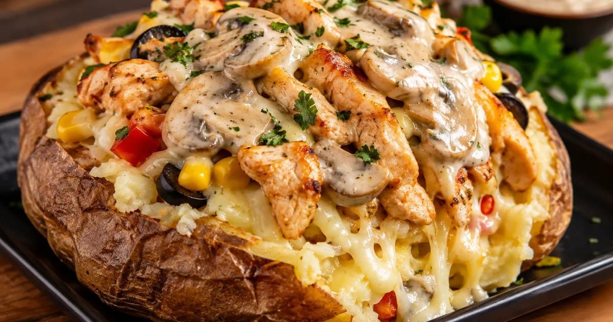A Vintage kumpir: a baked potato filled with chicken, mushrooms, sweetcorn and cheese